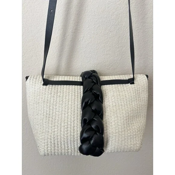 DeMellier Natural Raffia Black Braided Leather Verona Bag - New